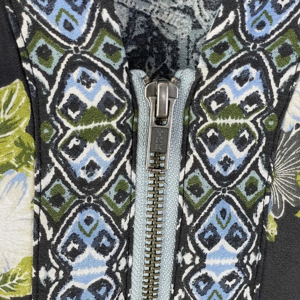 Free People Jacket Womens Medium Large Black Blue Floral Boho Kimono Pockets Zip